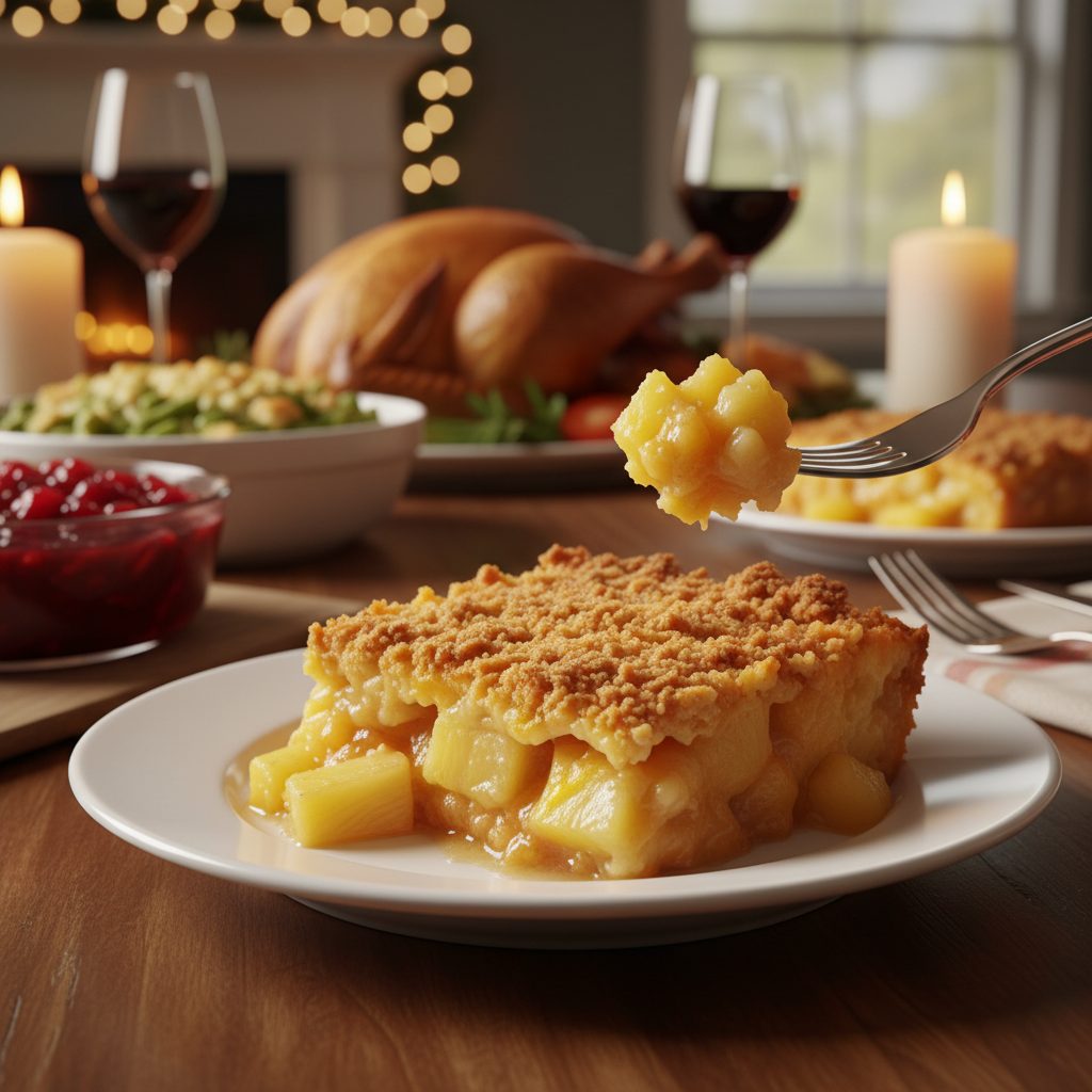 A perfectly plated slice of Southern Baked Pineapple Casserole with a golden crust, ready to enjoy.