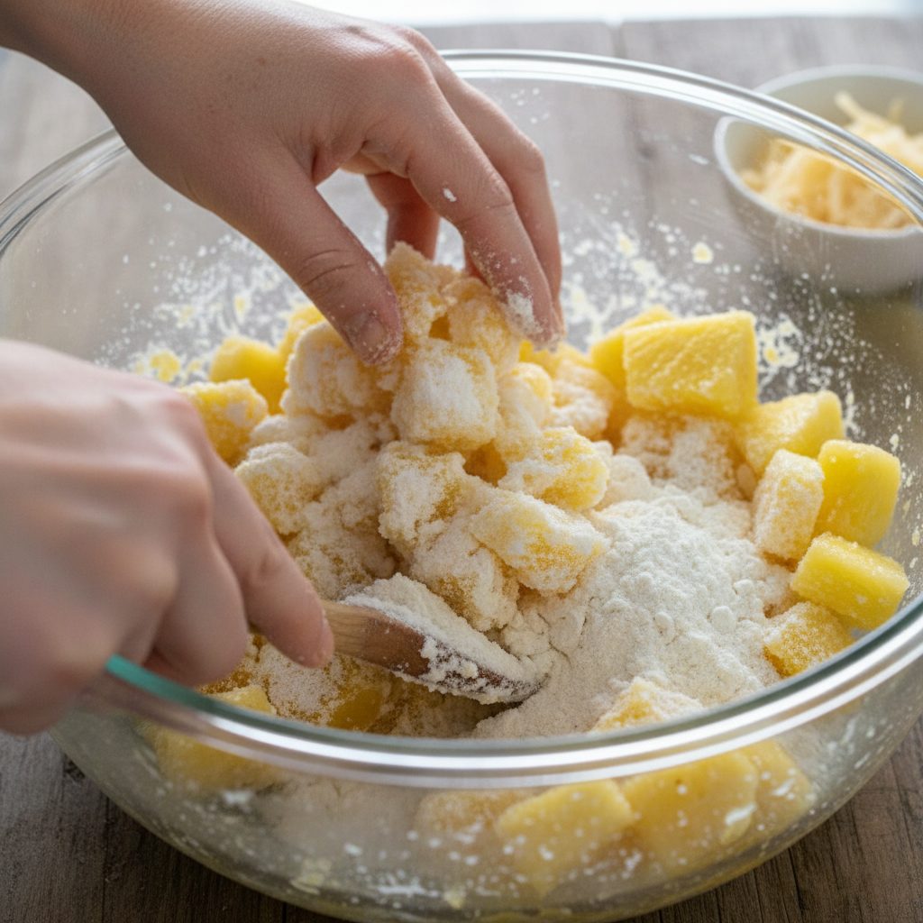 Hands mixing pineapple, sugar, and flour in a bowl as part of preparing a baked pineapple casserole.
